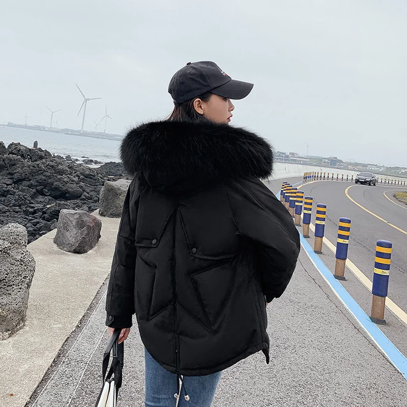 Big fur collar Parka Winter Jacket Women Coat Korea Loose Warm Cotton Padded Outerwear Solid Casual Female Hooded Coats