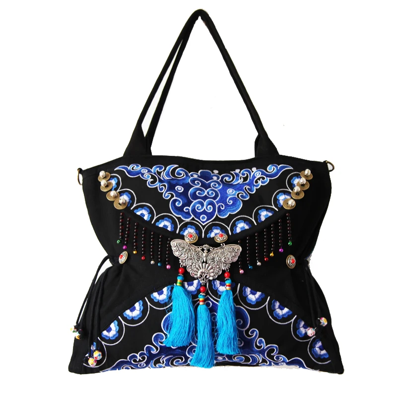 Черный BOHO двойной с двусторонней вышивкой Женские сумки этнические кисточкой lagre сумки на плечо брендовые холщовые сумки через плечо - Цвет: Черный