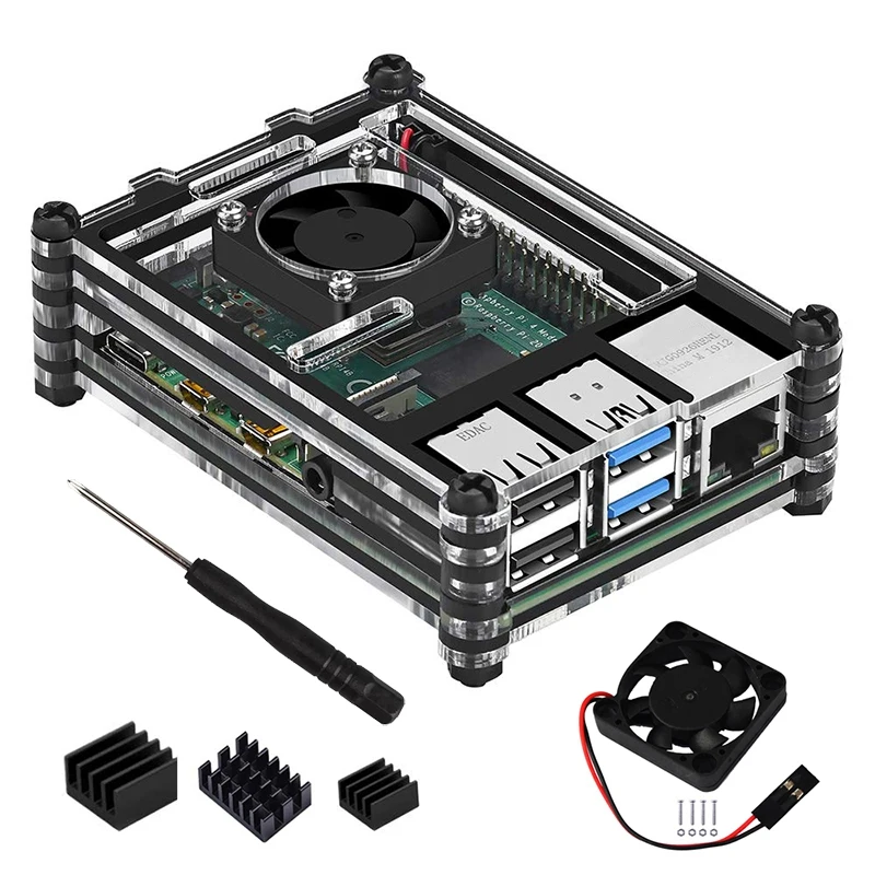 Акриловый прозрачный/Ясный и черный чехол Крышка для Raspberry Pi 4 Модель B, с охлаждающим вентилятором для Raspberry Pi 4B