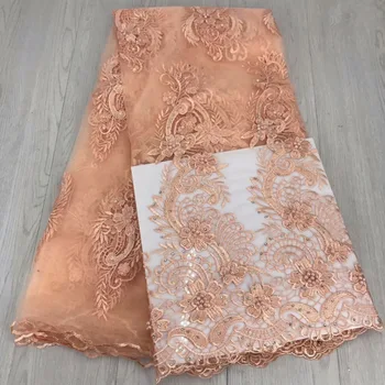 

Peach Pink Embroidered African Mesh Tulle Lace Fabric Elegant Design Nigerian Rhinestones Beads Evening Dresses Net Material