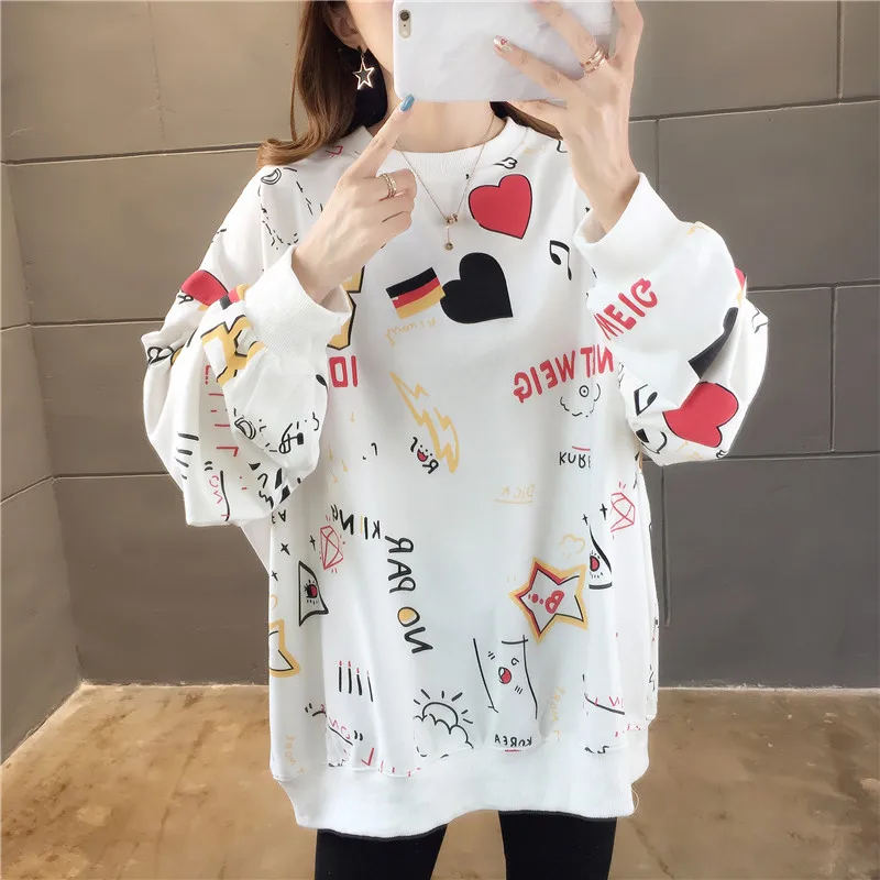 Women Autumn Graffiti Oversized Fashion Girls Loose Fit Long Coat Korean Kawaii Tops Hoodies Sweatshirts Women's Clothes