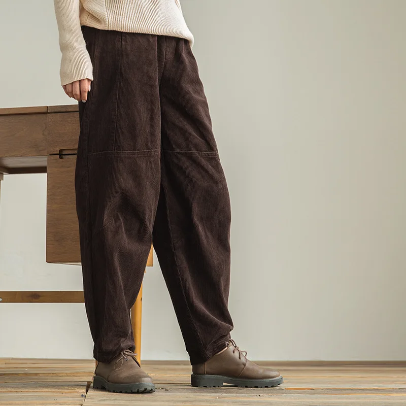 

Autumn Pants Retro Women Elastic Waist Loose Corduroy Casual Trousers 2019 New Ladies Pants pocket Solid color Brierf Vintage