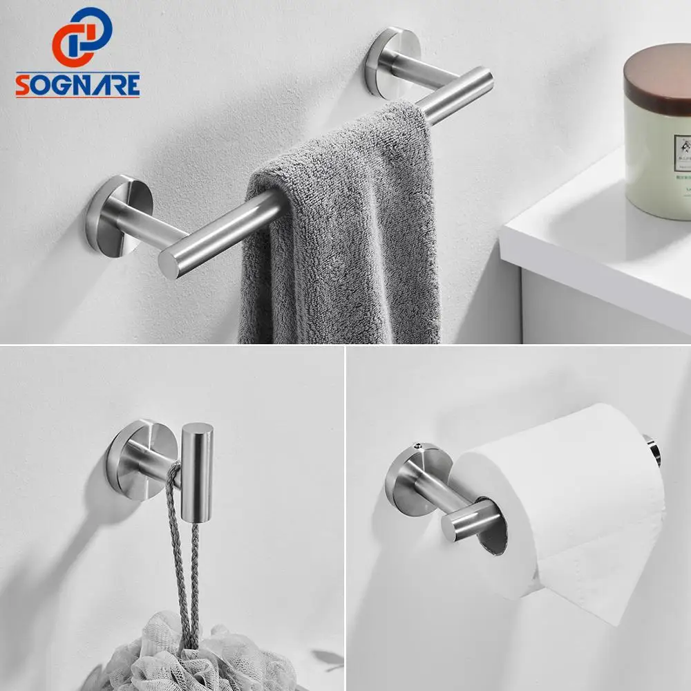 

SOGNARE 3PCS 304SUS Bathroom Accessories Nickel Brushed Bathroom Hardware Set Robe Hook Single Towel Bar Robe Hook Paper Holder