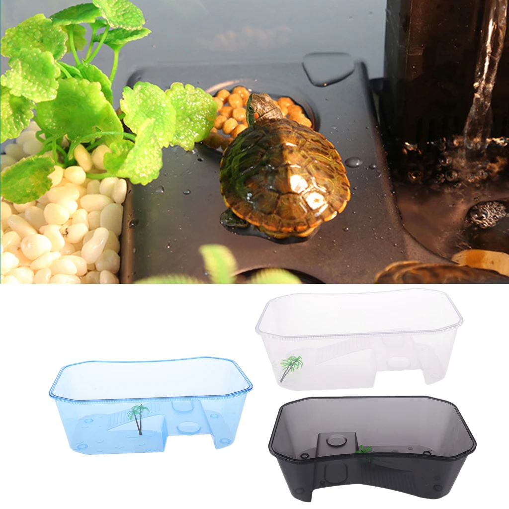 Translucent Plastic Reptile Lizard Terrapin Tortoise Turtle Tank Vivariums Reptile Terrarium Box with Coconut Tree Ornament