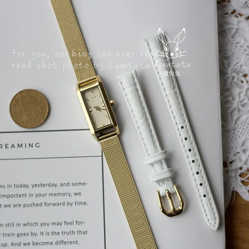white with strap Маленькие квадратные маленькие золотые часы простые темпераментные японские Ретро прямоугольные часы женские часы из нержавеющей стали - Цвет: white with strap
