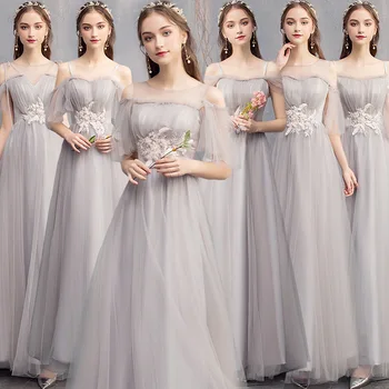 

New Bridesmaid Dresses Gray A Line Floor Length Wedding Guest Gowns O-Neck Sling Half Sleeve Elegant Vestido De Festa Longo R002