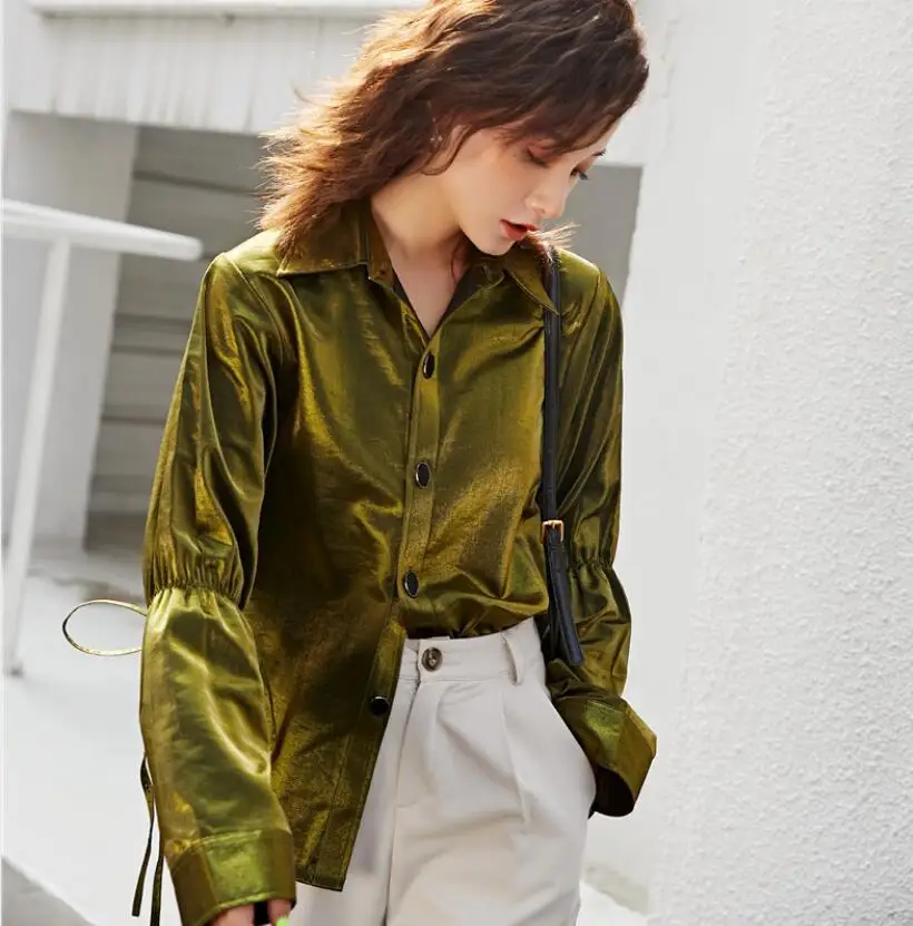 

2019 new fashion women's Street Puff Sleeve Shirt Long Sleeve Loose Shirt