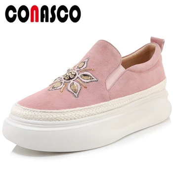 

CONASCO 2020 Spring Summer New Fashion Casual Concise Kid Suede Women Flats Loafers Crystals Applique Flat Platform Shoes Woman