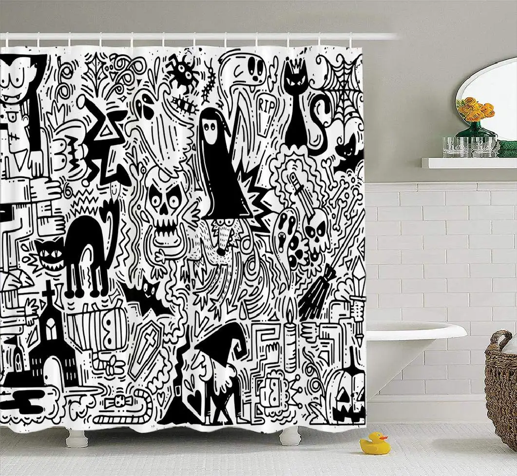 Doodle Halloween Pattern with Pumpkin Cat Ghost Fabric Bathroom Shower Curtain | Дом и сад