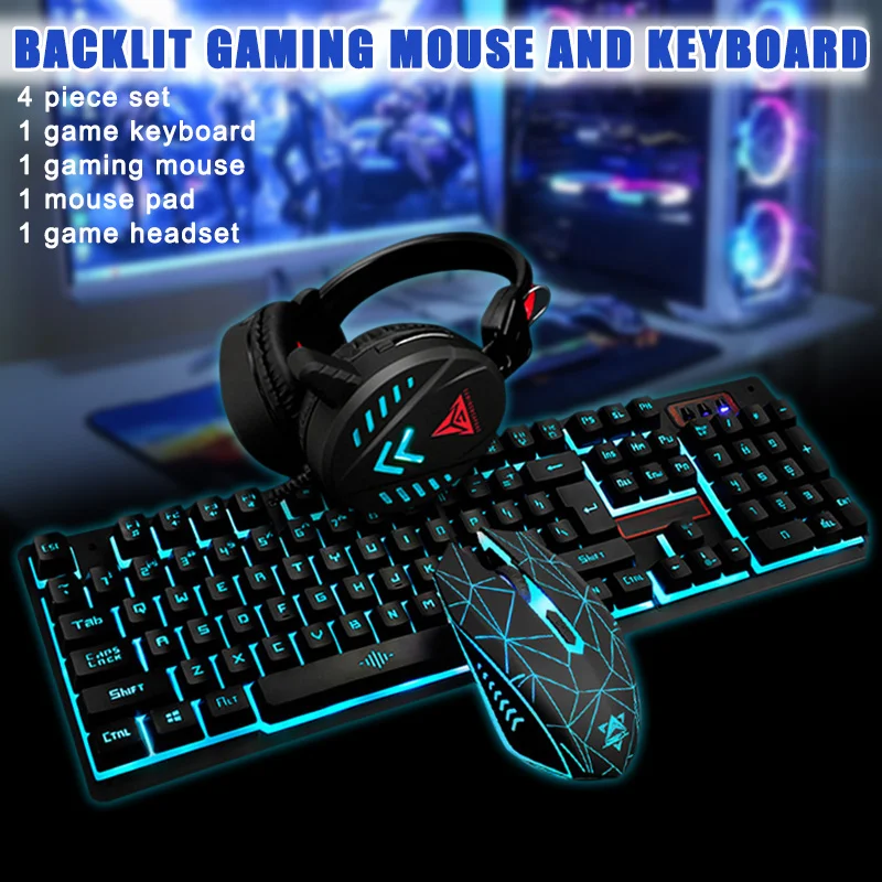 

Gaming Keyboard Mouse Headsets Mouse Pad Set 1600DPI Waterproof Illuminated PUO88