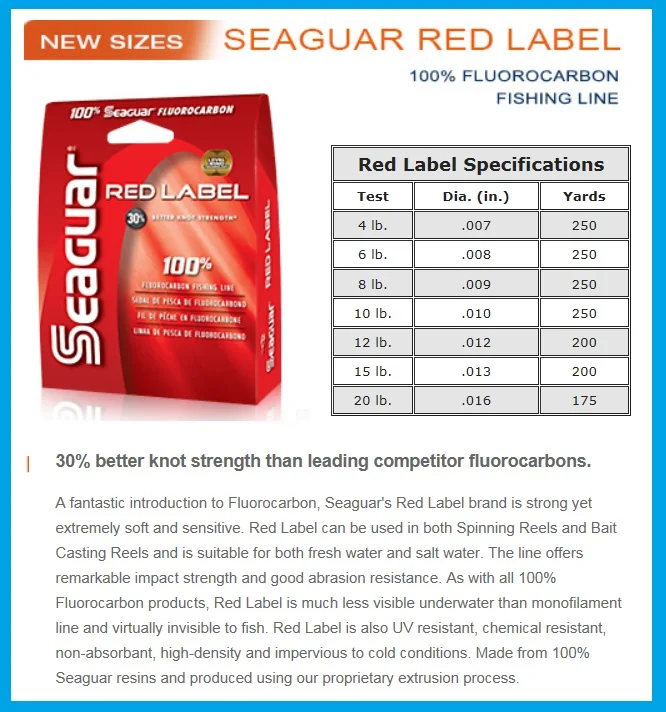Seaguar Red Label Fluorocarbon 6LB 20LB 160-180M Test Carbon Fiber