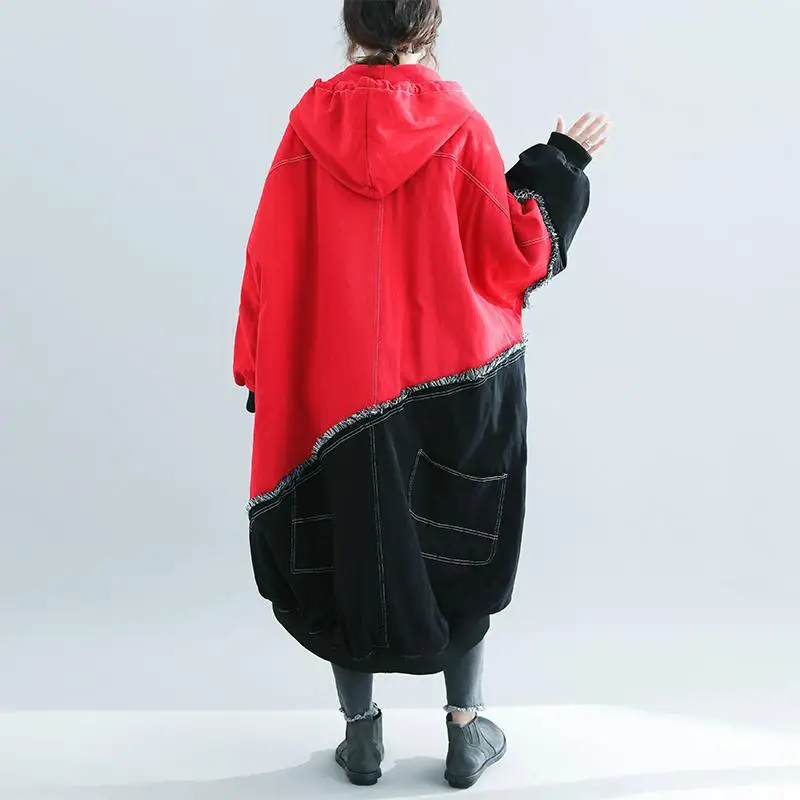 Джинсовое зимнее плотное хлопковое пальто с капюшоном размера плюс для женщин, теплое женское длинное пальто в стиле пэчворк размера d, женское корейское пальто 6XL 7XL