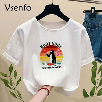 

Women's Tops Funny Print Noot Noot Pingu T-shirt Casual Short Sleeve T Shirt Unisex O-neck White Tshirt Feminina