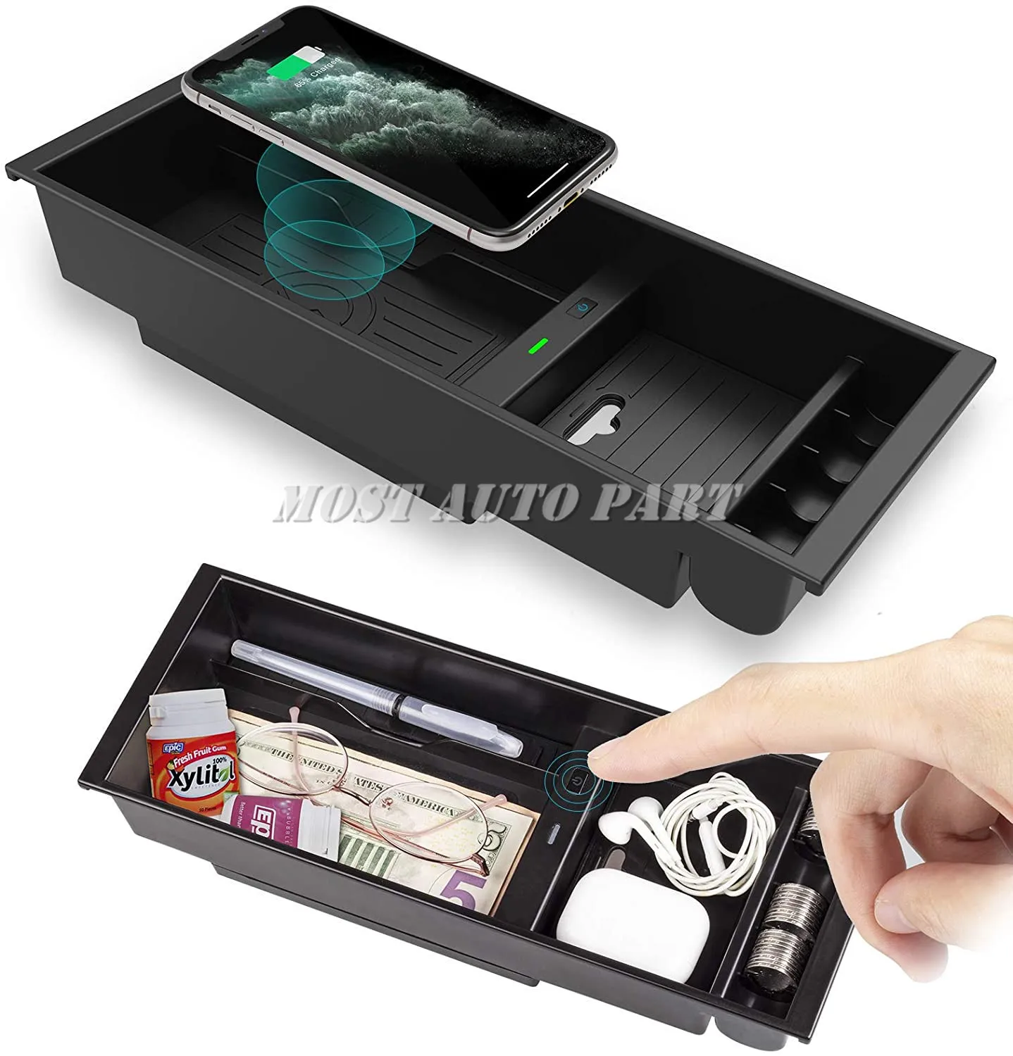 

Interior Car Wireless Charger Phone Fast Charging Storage Box For Ford F-150 2015-2021 The Phone With QI Wireless Charging