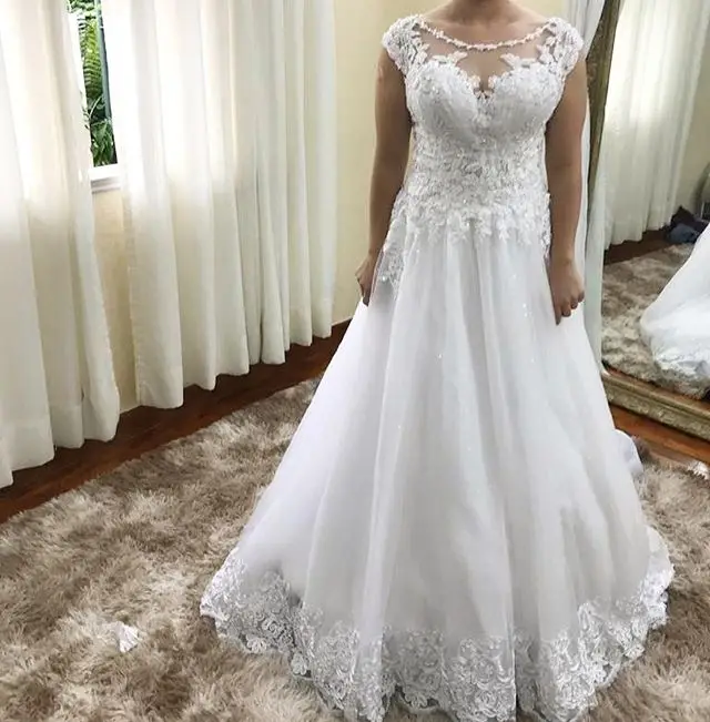Vestido De Novia 2019 простые кружевные апликации из тюля свадебное платье с коротким рукавом с овальным вырезом Vestido Longo Vestidos Novia