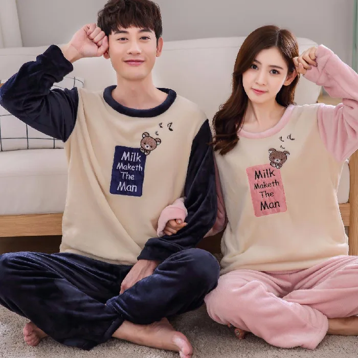

Autumn & Winter Couples Set Long Sleeve Flannel Thick Crew Neck Women's Korean-style Sweet Cute Home Wear