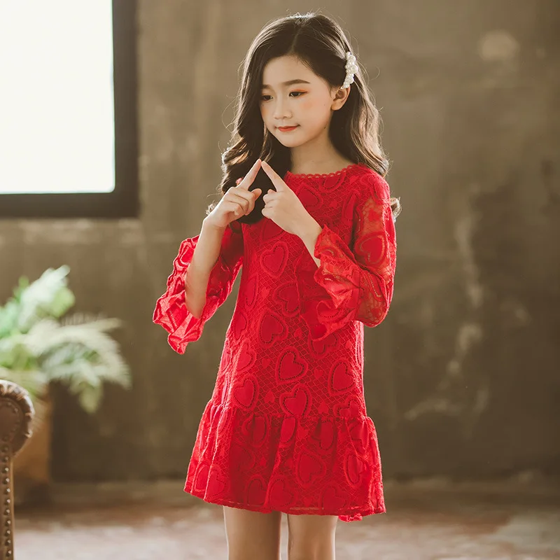Новые осенние детские платья для девочек, кружевная одежда с длинными рукавами для девочек весеннее однотонное платье принцессы со складками, Детский костюм