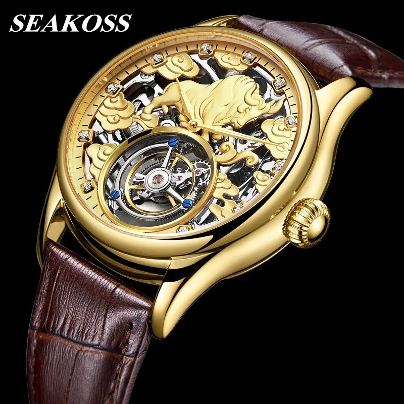 

Fashion Authentic Skeleton Tourbillon Wristwatches Zodiac Cow Clock Luxury Mechanical Stainless Steel Leather Men Sapphire Watch