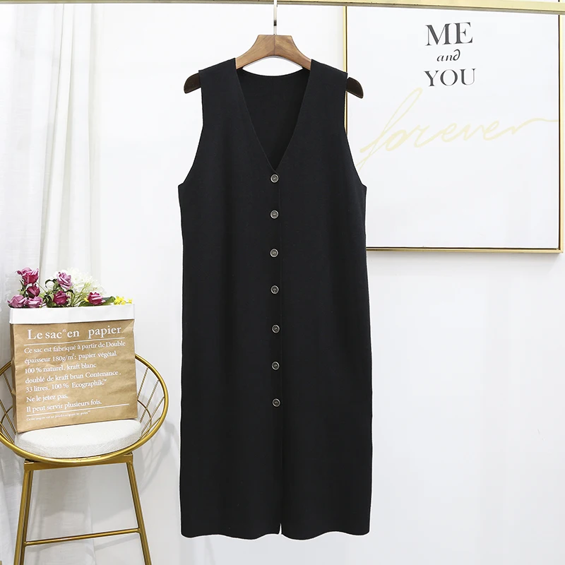 Womens Medium Long Knitted Vest Sweater Dress Plus Size Casual Loose Fall and Winter V Neck Jacket Sleeveless Outerwear Clothing