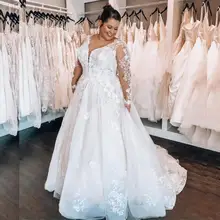 

Plus Size Wedding Dress A Line V Neck Illusion Long Sleeves Lace Appliques Tulle Bridal Gowns Elegant Robe de mariee Custom