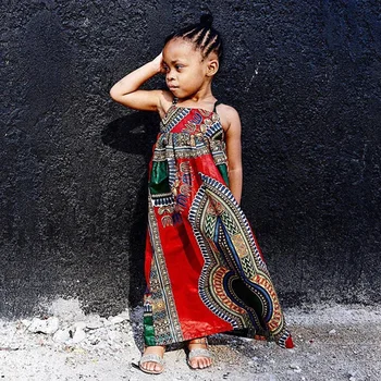 

Siskakia Summer Girls Africa Print Off-shoulder Long Dress Halter Backless Maxi Dresses with Bow Casual Outfit Red for Kids Girl