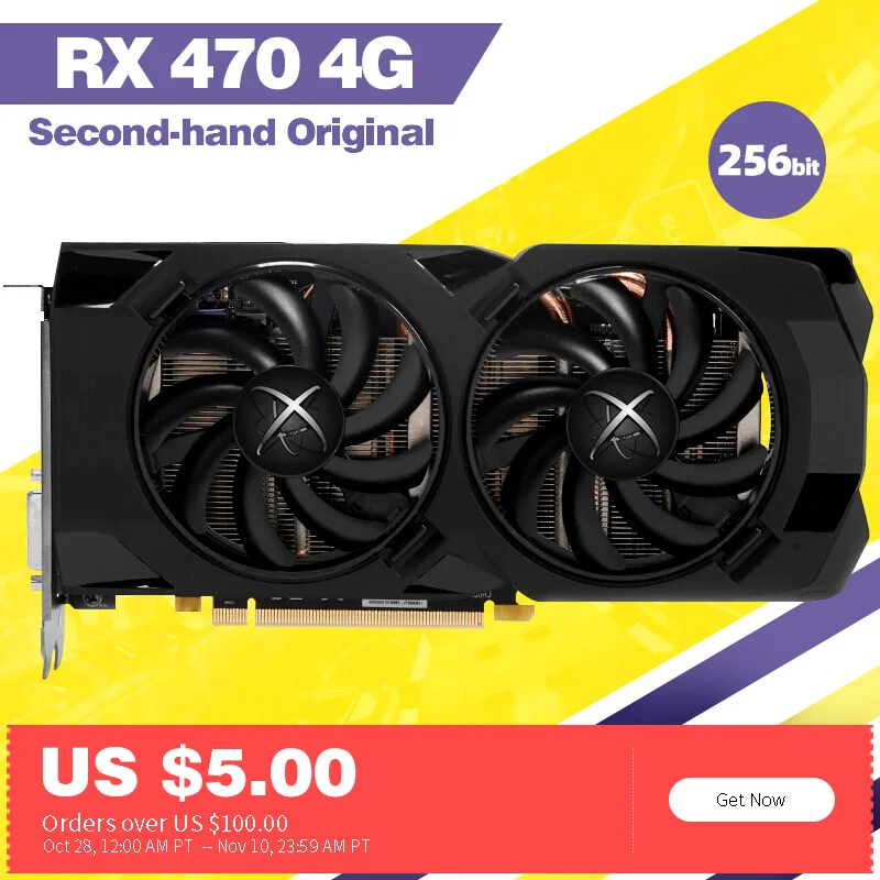 Видеокарта XFX rx 470 4 Гб, 256 бит gddr5 4 Гб, используется для настольных ПК, видеокарта amd, видеокарта radeon, совместима с материнской платой X79-0