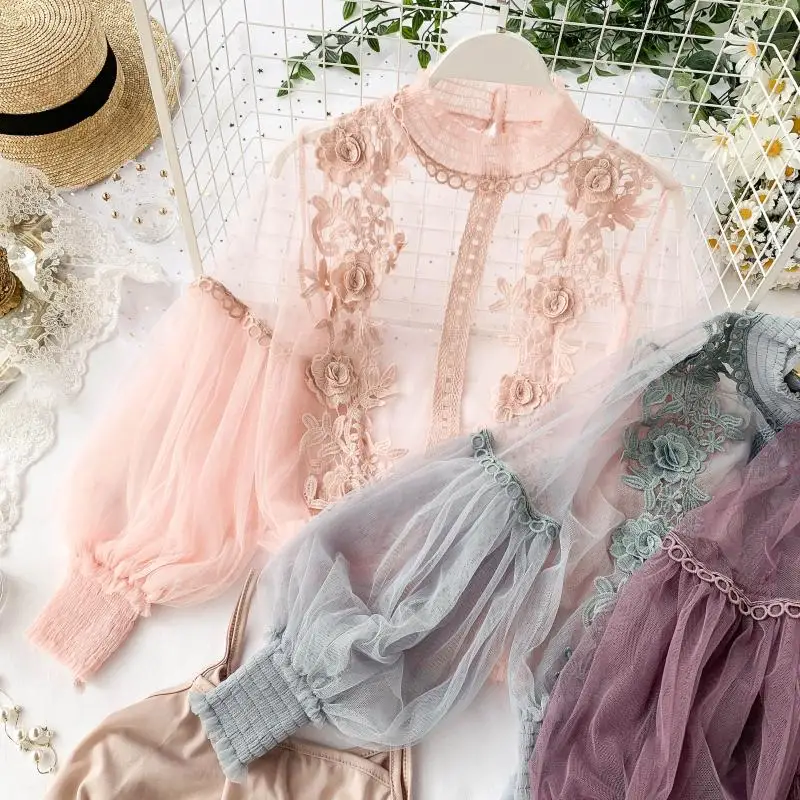  2019 Autumn Women Tops Fashion Sexy Sheer Lace Blouse Lantern Sleeve 3D Floral Blouses Shirts Elega