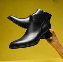 

New Winter Men Boots High Top Casual Short Boot Fashion Pointed Toe Zipper Ankle Heel Shoes 5cm