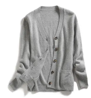 neutral grey Кашемировый вязаный женский кардиган свитер пальто однобортный Vneck арбуз красный 10clors 220g - Цвет: neutral grey