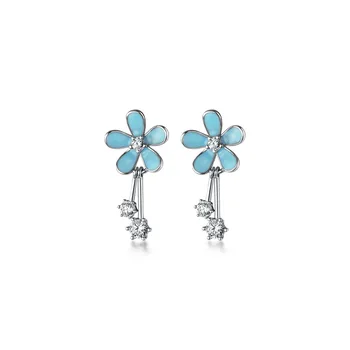 

100% Real 925 Sterling Silver Blue Flower Earrings Dainty Small Flower Short Drop Earrings for Women Girls
