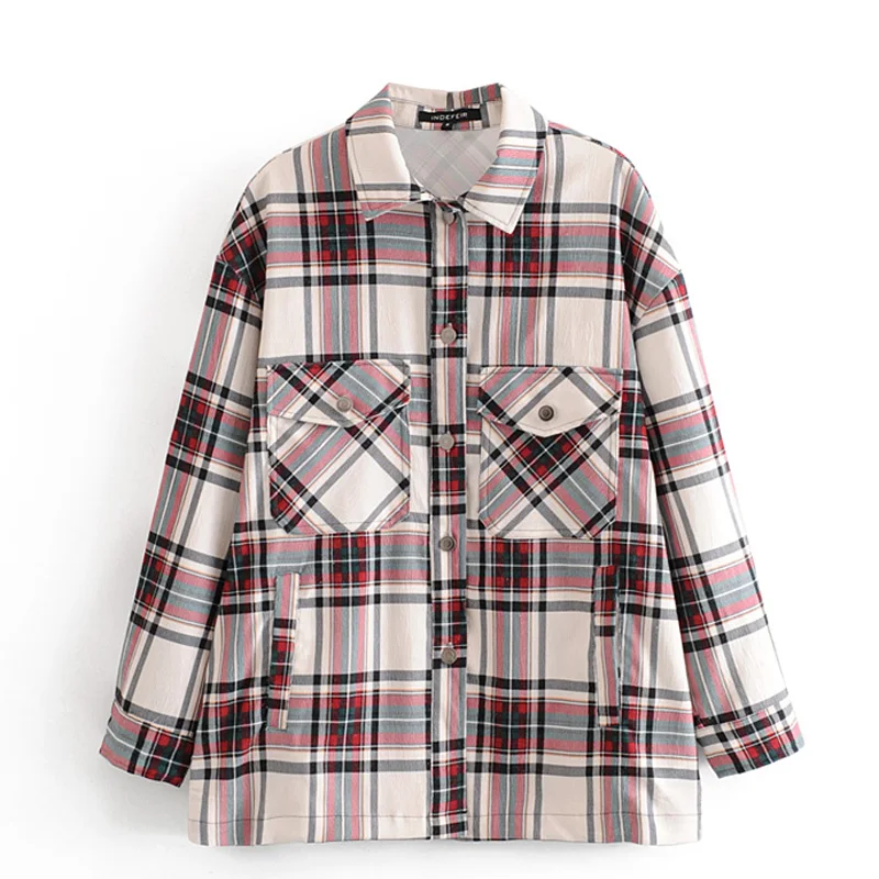 ZOEPO, отложной воротник, блузки для женщин, модные повседневные рубашки в клетку, с принтом, для женщин, элегантные карманы, длинный рукав, топы для женщин, для девушек KA
