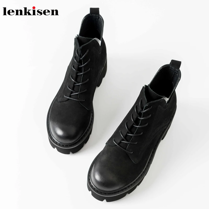 

Lenkisen genuine leather brand European style chunky round toe high heels waterproof fashion winter warm women ankle boots L87