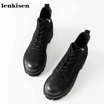 

Lenkisen genuine leather brand European style chunky round toe high heels waterproof fashion winter warm women ankle boots L87