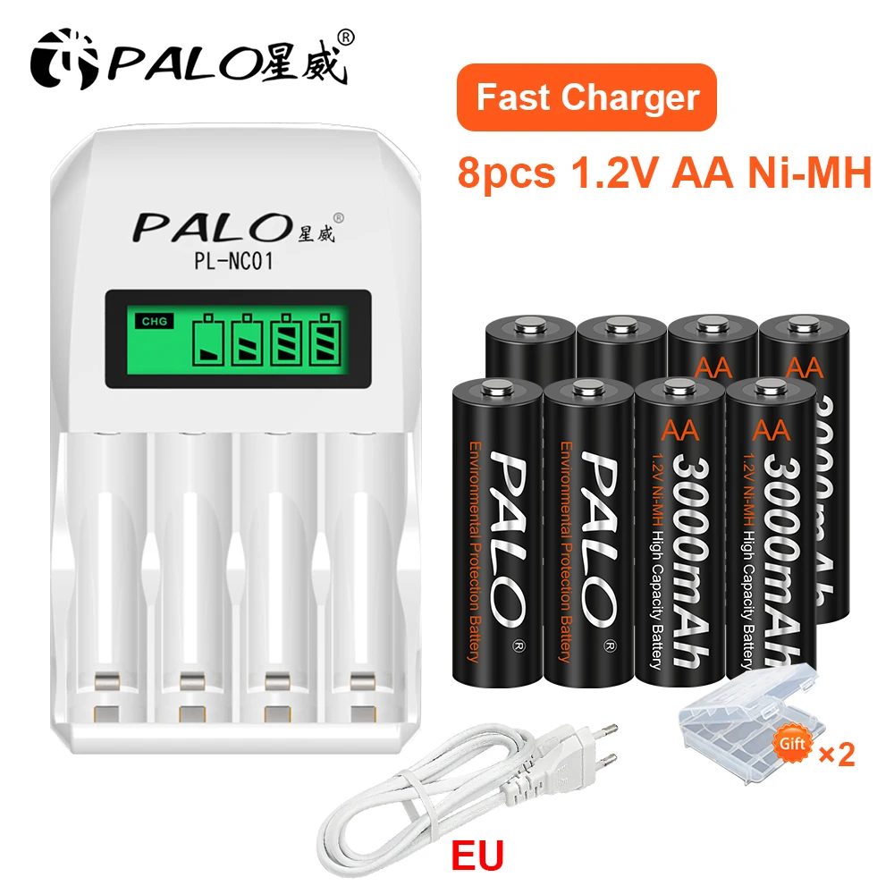 AA Battery Charger For 1.2V NI-MH NI-CD AA AAA Rechargeable battery with  8pcs 3000mAh AA Rechargeable Battery for toy car
