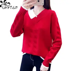 UHYTGF вязанный весенне-осенний свитер женский модный пуловер Свободный женский свитер цвет совпадающий короткий плюс размер свитера пальто