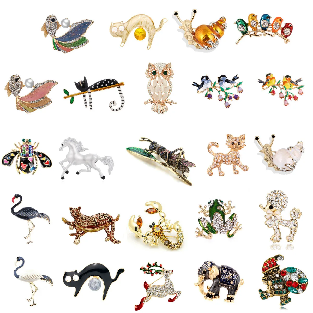 New Vintage Grasshopper Fish Bird Cat Flamingo Elephant Brooches For Women Cute Insect Brooch Pin Winter Coat Accessories Gift