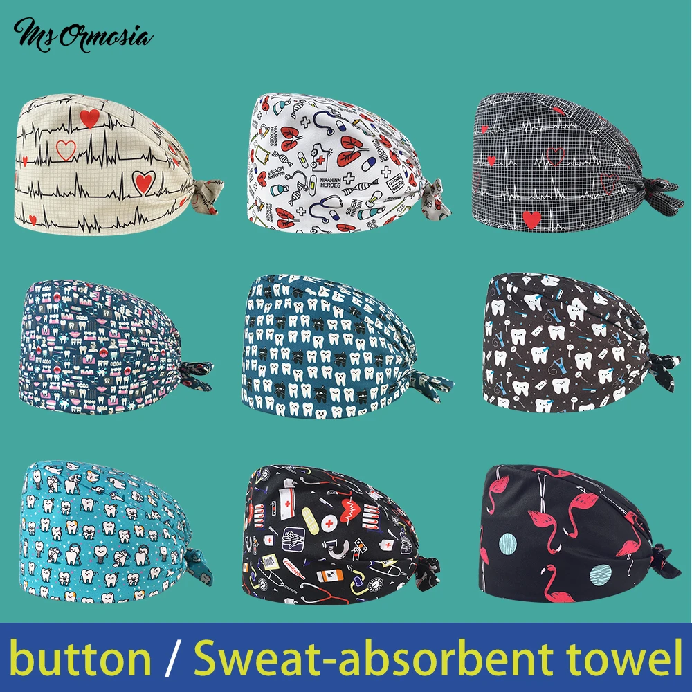 

wholesale high quality Cartoon print adjustable Scrub hats beauty salon work cap laboratory pet shop fashion scrub cap custom