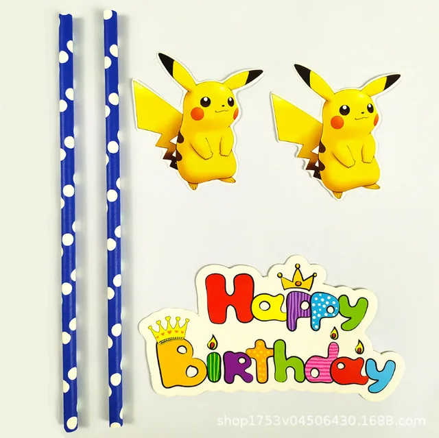 Pokemon Birthday Party Tool Props Straw Banner Baby Shower Party Supplies Wedding Balloon Decoration Pikachu Topper Boy Surprise Cake flag