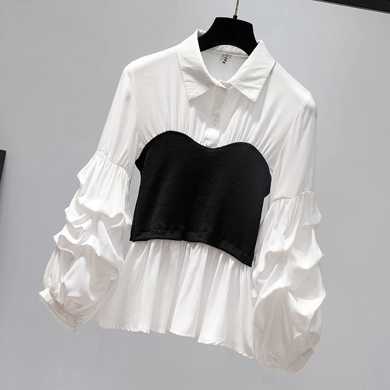 L-4XL Плюс размер женские винтажные блузки осень мода трикотажная Туника Топы Зимний свитер с узором рубашки с длинными рукавами и рюшами - Цвет: White