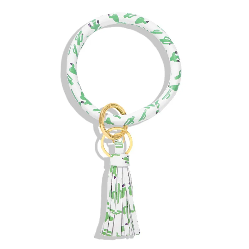 

Dvacaman Green Cactus Leather Keychains Big O Circle Long Layers Tassel Key Chain in Bracelet for Women men Winter Gift Jewelry