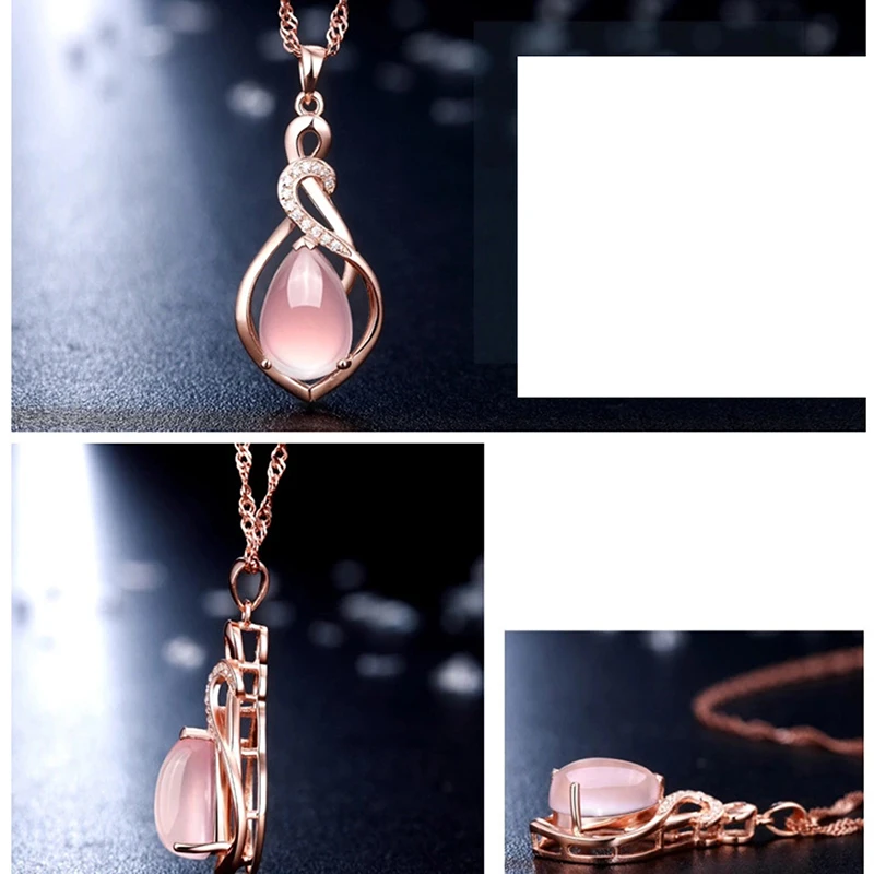 Natural Rose Stone Pendant Necklace Silver Jewelry Crystal Powder Water Drop Necklace For Women Gift