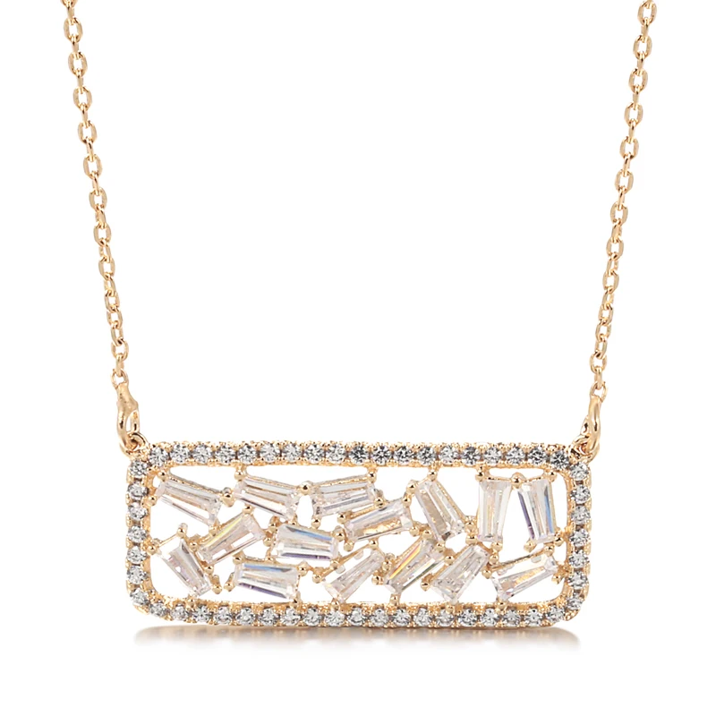 

New Hot Sale Top Quality Women Girls Hollow CZ Square Pendant Necklace 585 Rose Gold Color Copper Party Jewelry Gift