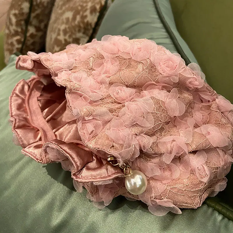 Light Luxury Lace Women's Hand Bag Embroidered Three-dimensional Flower Gauze Makeup Bag Portable Out Party Fashion Storage Bag