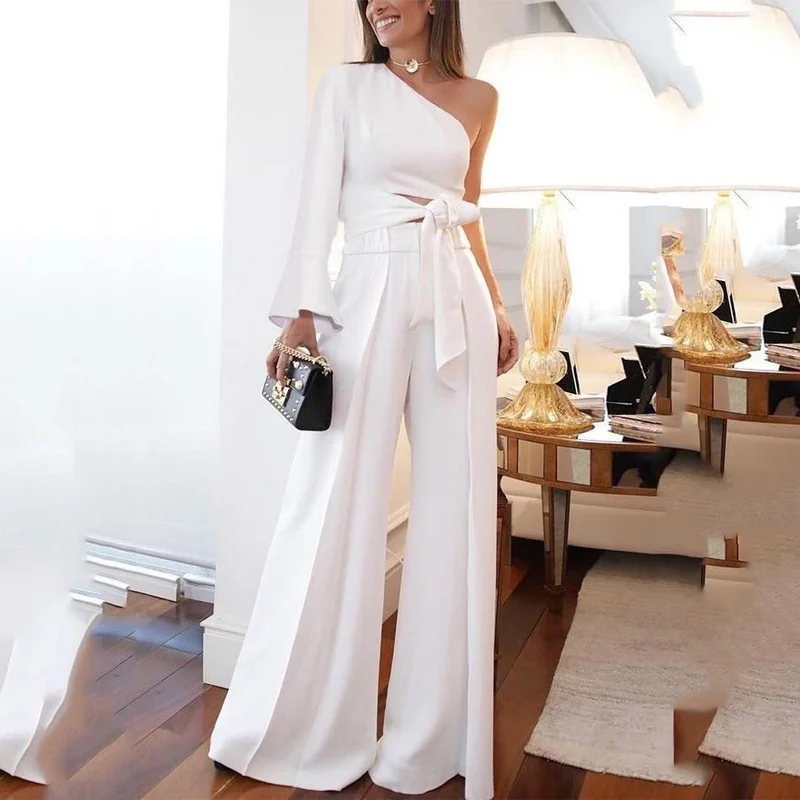 Women Jumpsuits White One Shoulder Full 
