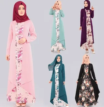 

BacklakeGirls False Two Pieces Split Joint Muslim Long Sleeve Evening Dress Ankle Length Chiffon Floral Print Cotton Dress