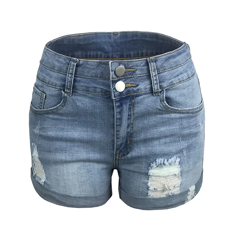 

Women High Waist Hole Curled Jeans Denim Shorts