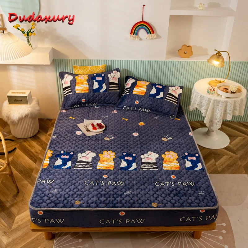 

Dudaxury Crystal Velvet Quilted Mattress Cover Thick Plush Printed Fitted Sheet Warmth and Soft King Queen Washable Bed Cover