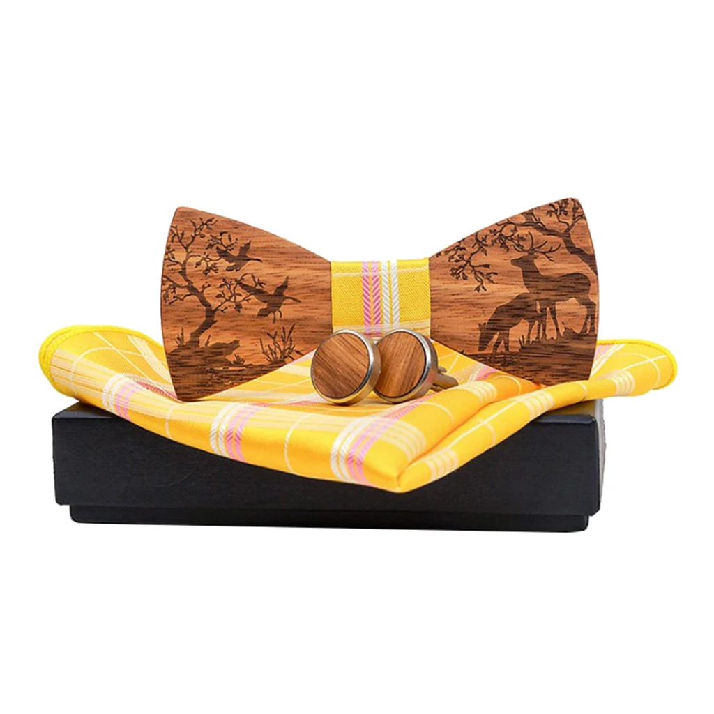  Bow Tie Set Handkerchief and Cufflinks for Men Cufflinks Unique Style wooden Bowtie fabric Handkerc