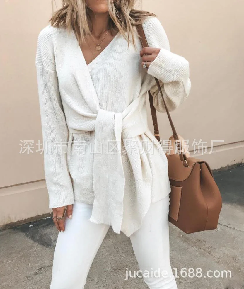 Осень и зима, AliExpress, стиль, модная, v-образный вырез, шнуровка, длинный рукав, повседневная шерстяная куртка