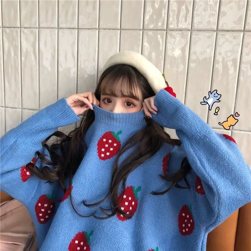 

Korea Ulzzang new winter large size loose funny strawberry print chic long sleeve female sweet ins O-neck fashion casual sweater